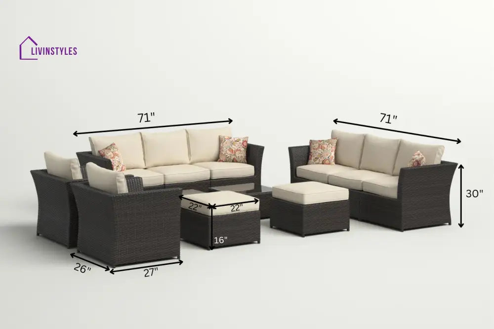 Enorson Outdoor Garden Balcony Sofa Set 2 Three Seater 2 Single Seater With 2 Ottoman and 2 Center Table Set (Brown)