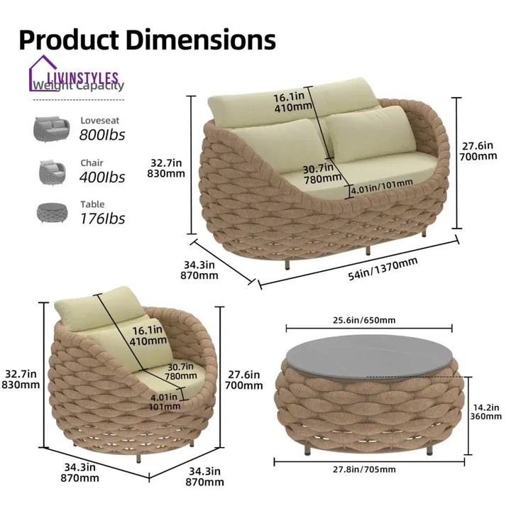 Equo Outdoor Sofa Set 2 Seater 2 Single seater and 1 Center Table (Beige) Braided & Rope - Sofa Sets