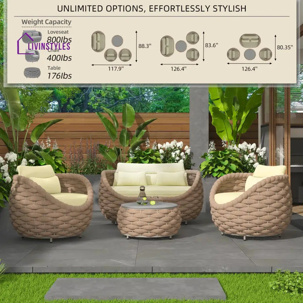Equo Outdoor Sofa Set 2 Seater 2 Single seater and 1 Center Table (Beige) Braided & Rope - Sofa Sets