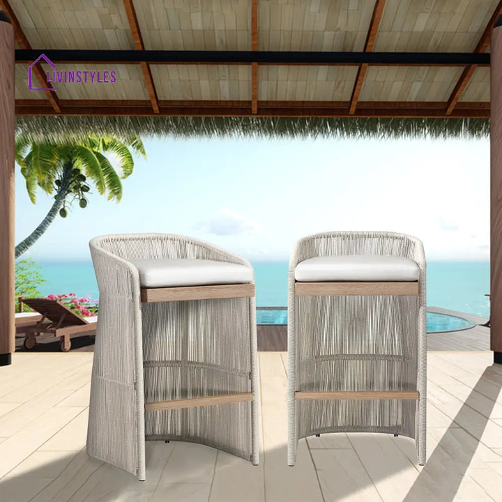 Erim Outdoor Patio Bar Chair 2 Chair For Balcony Braided & Rope - Ivory - Bar Sets