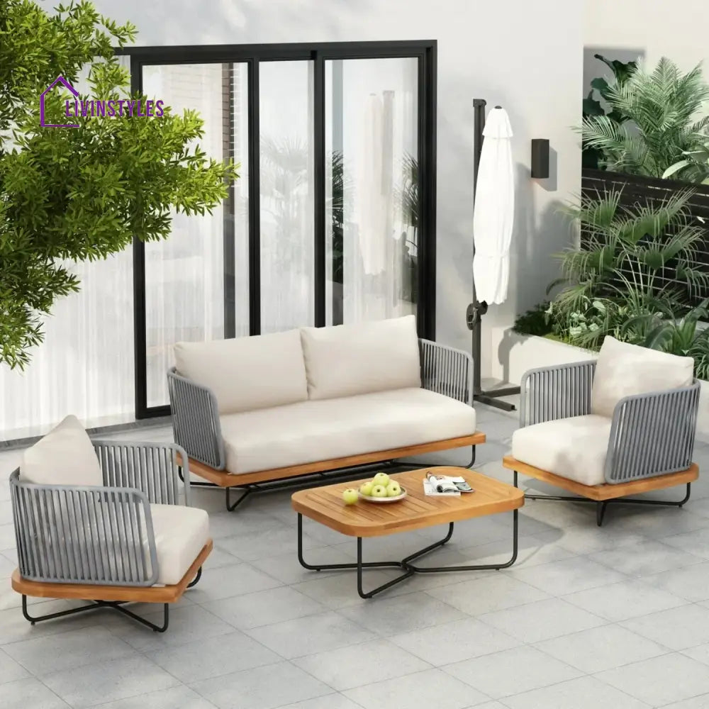 Eros Outdoor Garden Balcony Sofa Set 2 Seater 2 Single Seater 1 Center Table Set Braided and Rope - cream - Sofa Sets