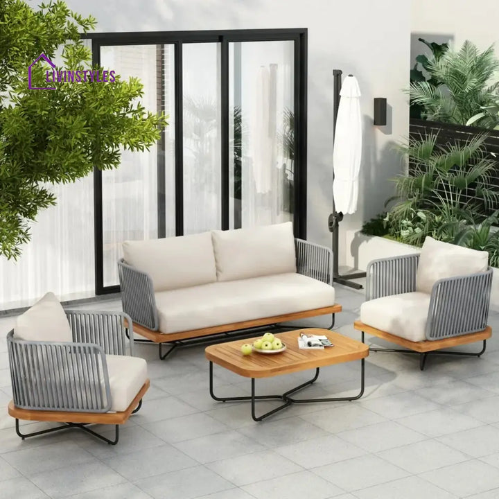 Eros Outdoor Garden Balcony Sofa Set 2 Seater 2 Single Seater 1 Center Table Set Braided and Rope - cream - Sofa Sets