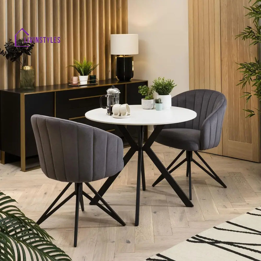 Eseniya Round 2 Person Dining Set - White Ceramic Table - Swivel Dining Chairs Dining Room / Dining Sets