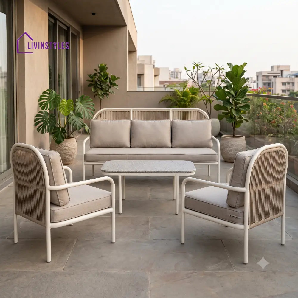 Estelle Metal Frame and Rope Weaving Outdoor Sofa Set 3 + 1 +1 and Coffee Table | Premium Uphostery
