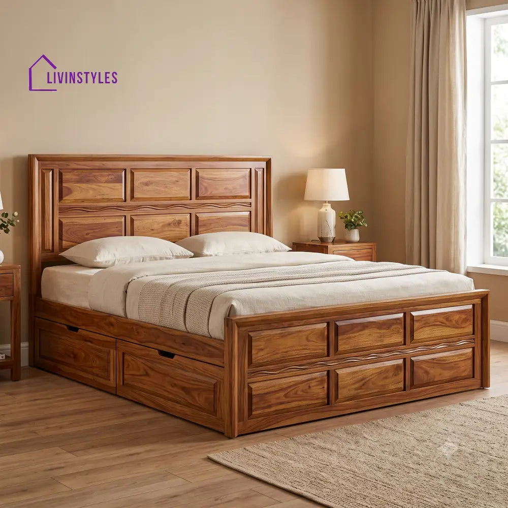 Estelle Premium Wooden Bed with Drawer Storage | King Size Bed & Queen Size Bed Online