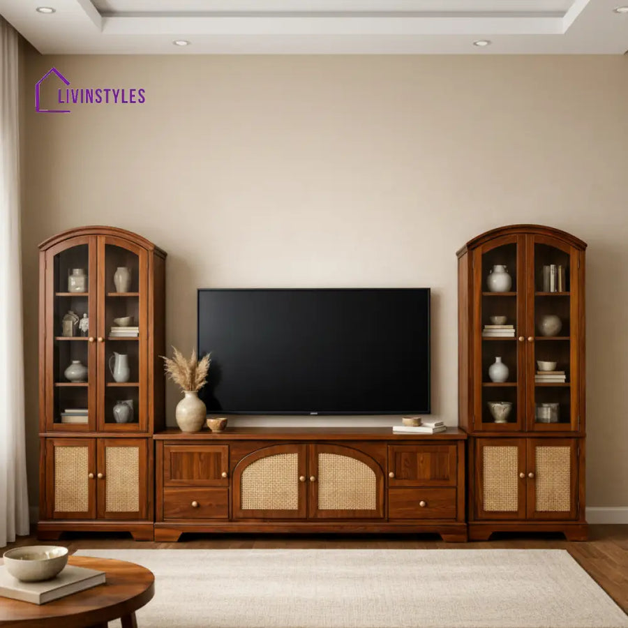 Ethan Premium Solid Wood TV Unit with Cane Panel Cabinet