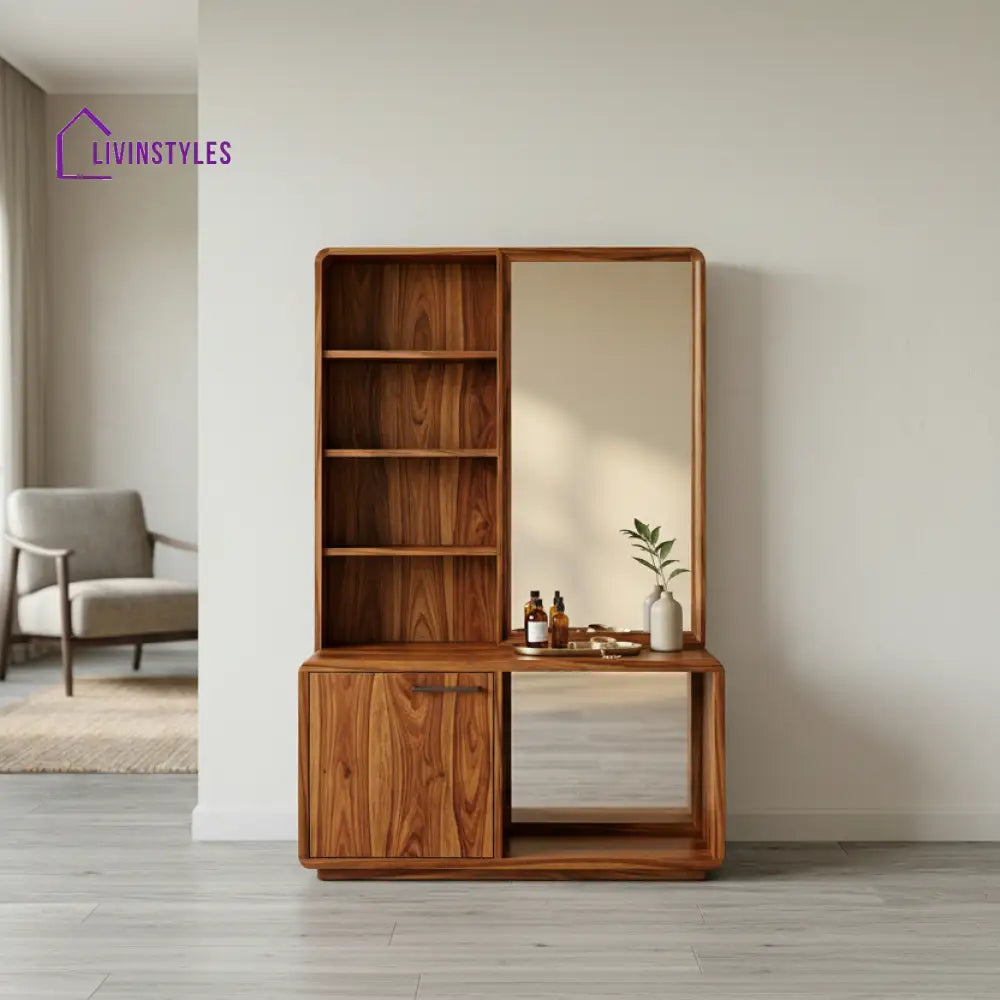 Ethan Sheesham Wood Dressing Table with Mirror and Storage (Honey Finish)