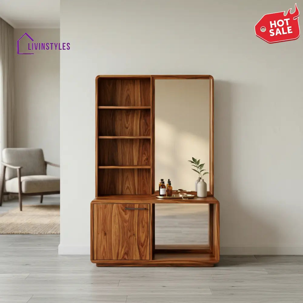 Ethan Sheesham Wood Dressing Table with Mirror and Storage (Honey Finish)