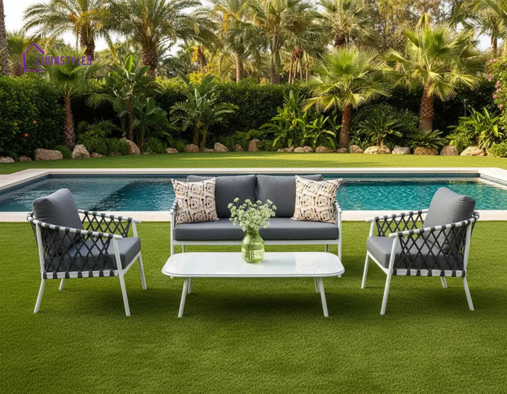 Etta Outdoor Sofa Set 2 Seater 2 Single seater and 1 Center Table (White +Grey) Braided & Rope - Sofa Sets