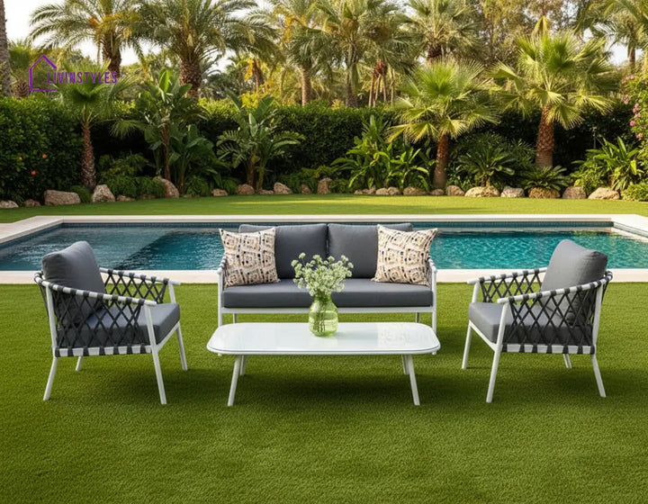 Etta Outdoor Sofa Set 2 Seater 2 Single seater and 1 Center Table (White +Grey) Braided & Rope - Sofa Sets