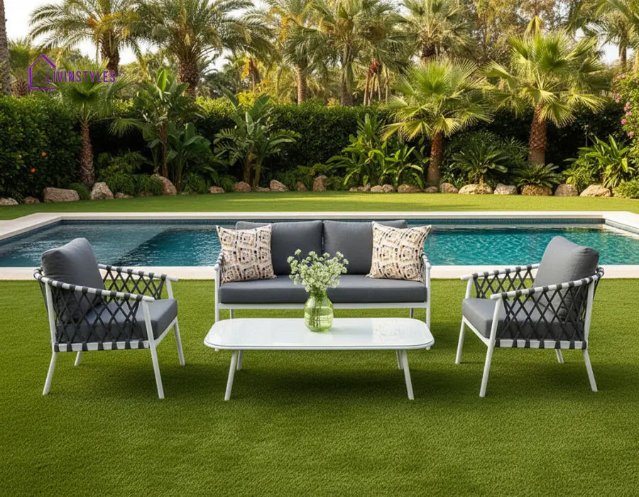 Etta Outdoor Sofa Set 2 Seater 2 Single seater and 1 Center Table (White +Grey) Braided & Rope - Sofa Sets