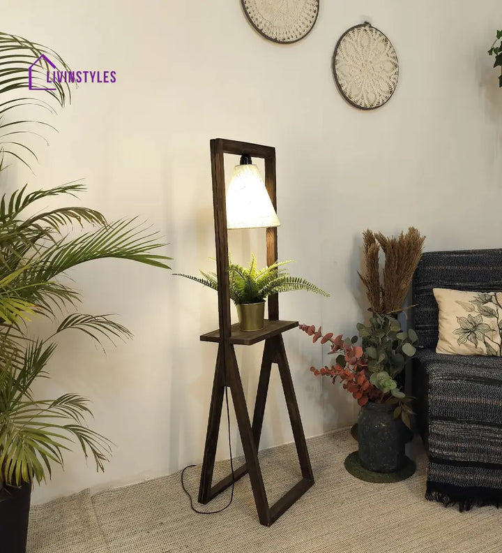 Euphoria Wooden Floor Lamp With Brown Base And Beige Fabric Lampshade Lamps