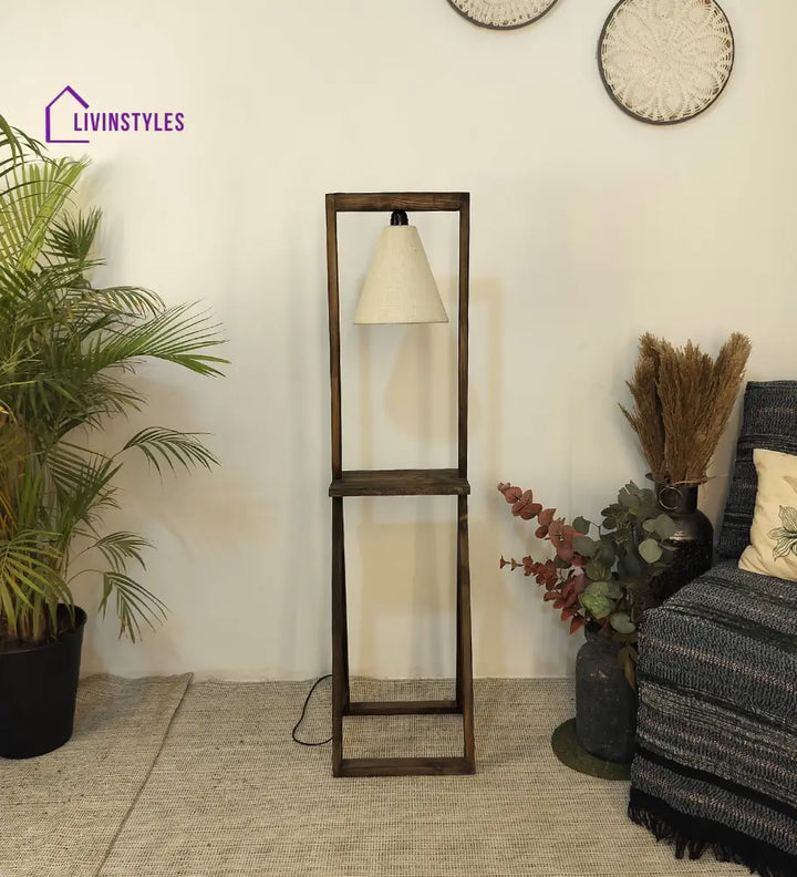 Euphoria Wooden Floor Lamp With Brown Base And Beige Fabric Lampshade Lamps