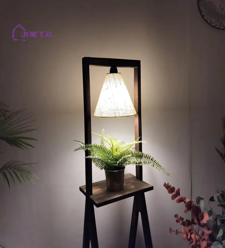 Euphoria Wooden Floor Lamp With Brown Base And Beige Fabric Lampshade Lamps