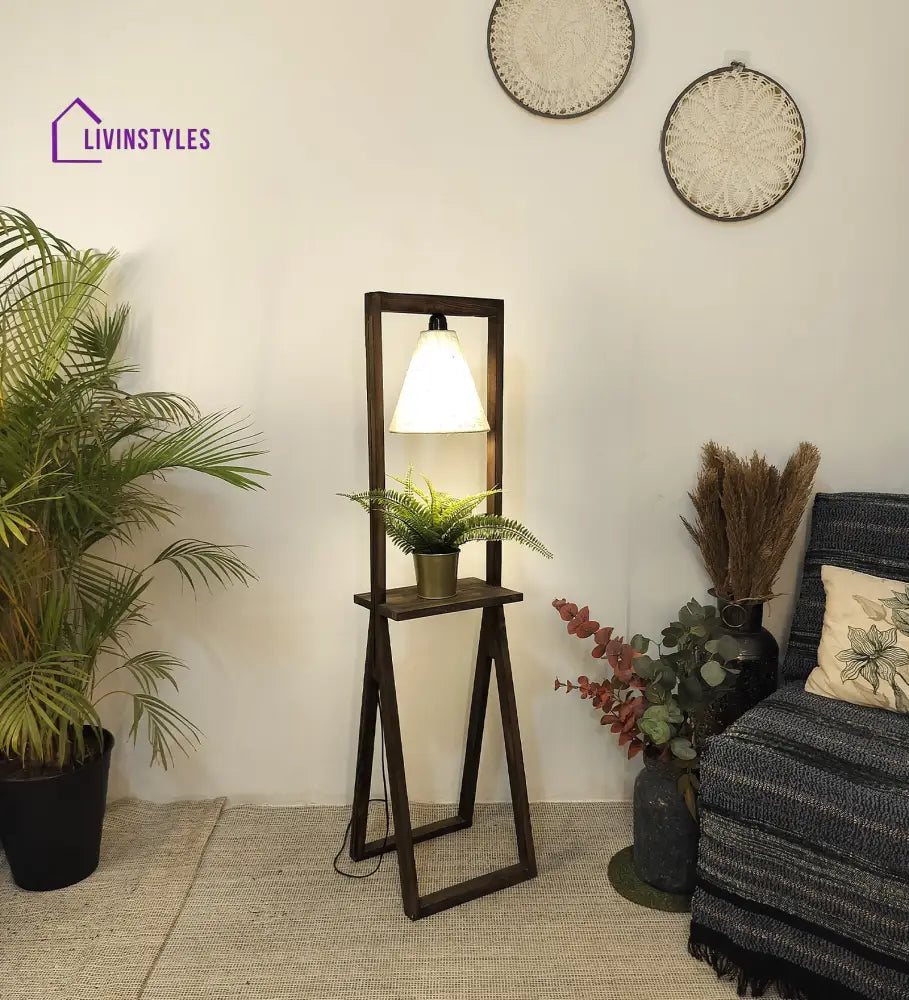 Euphoria Wooden Floor Lamp With Brown Base And Beige Fabric Lampshade Lamps