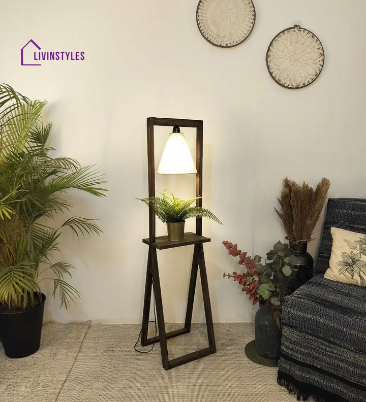 Euphoria Wooden Floor Lamp With Brown Base And Beige Fabric Lampshade Lamps