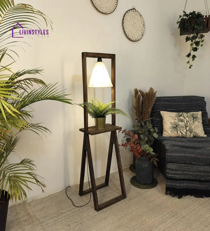 Euphoria Wooden Floor Lamp With Brown Base And Beige Fabric Lampshade Lamps