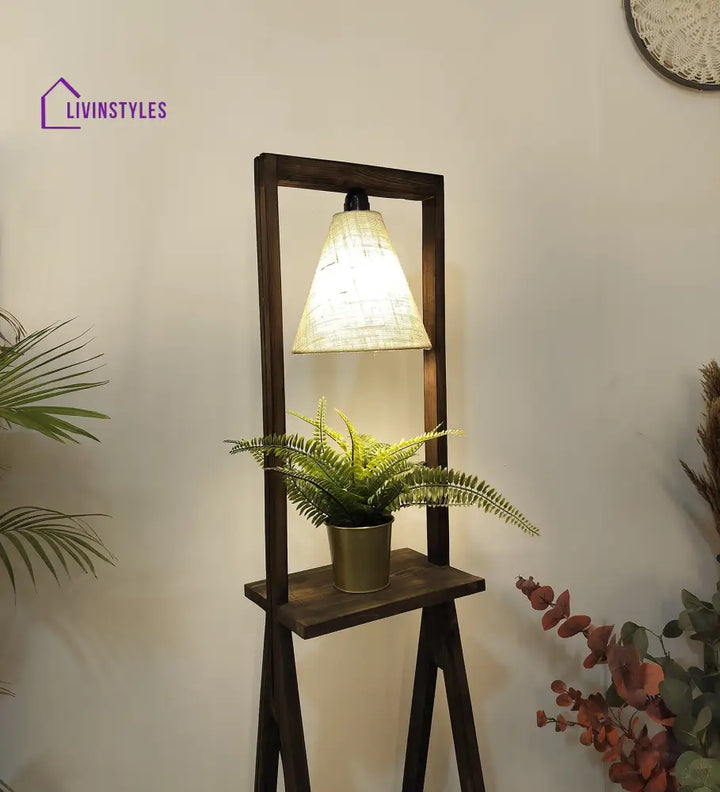 Euphoria Wooden Floor Lamp With Brown Base And Beige Fabric Lampshade Lamps