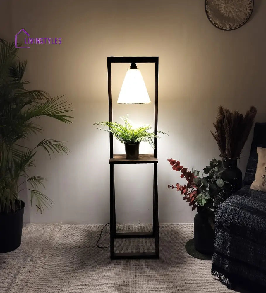 Euphoria Wooden Floor Lamp With Brown Base And Beige Fabric Lampshade Lamps