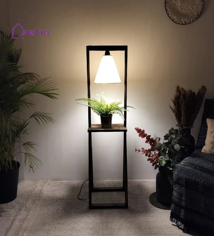 Euphoria Wooden Floor Lamp With Brown Base And Beige Fabric Lampshade Lamps