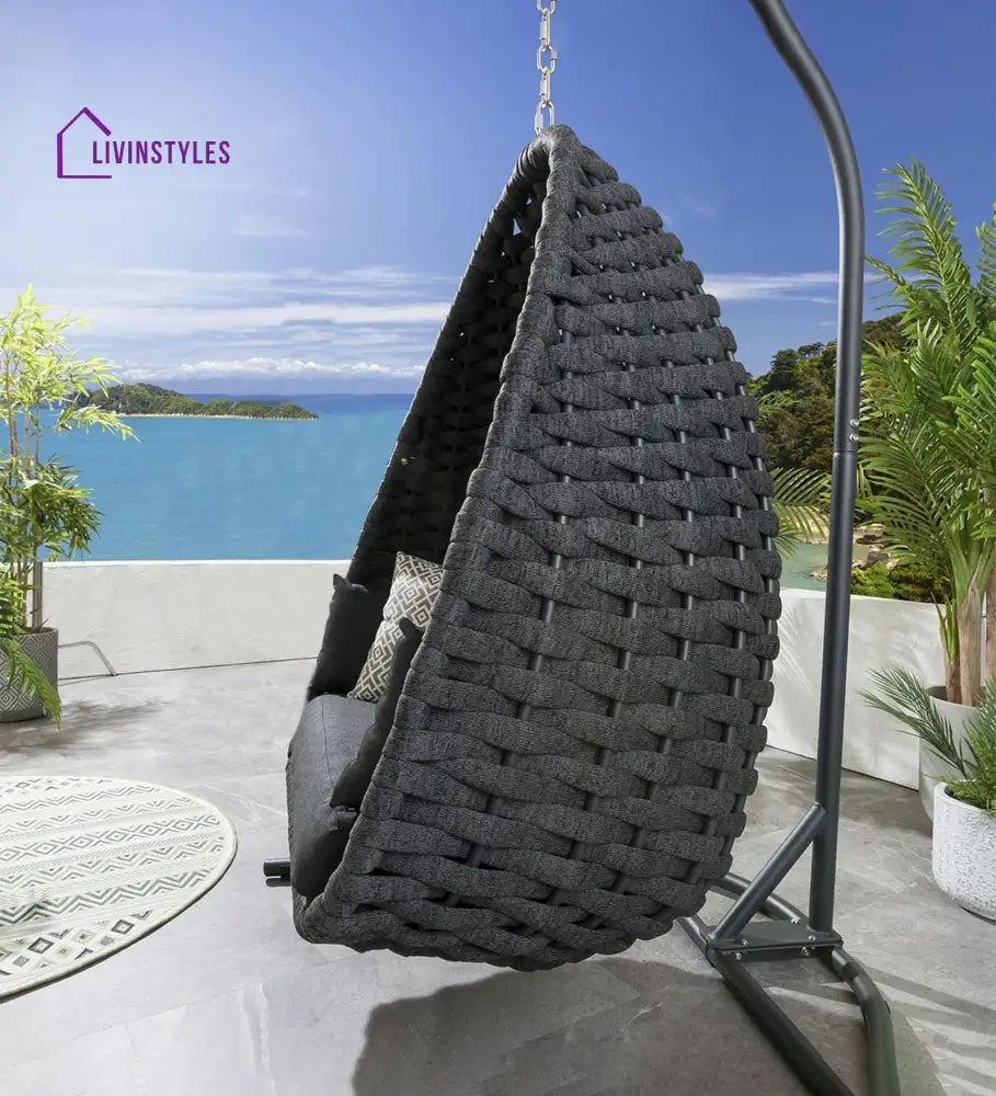 Eurig Single Seater Hanging Swing With Stand For Balcony Garden (Grey) Braided & Rope - Swings