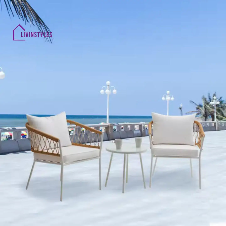 Eusbio Outdoor Patio Seating Set 2 Chairs and 1 Table Set Braided & Rope (Honey/White) - Coffee Table Sets