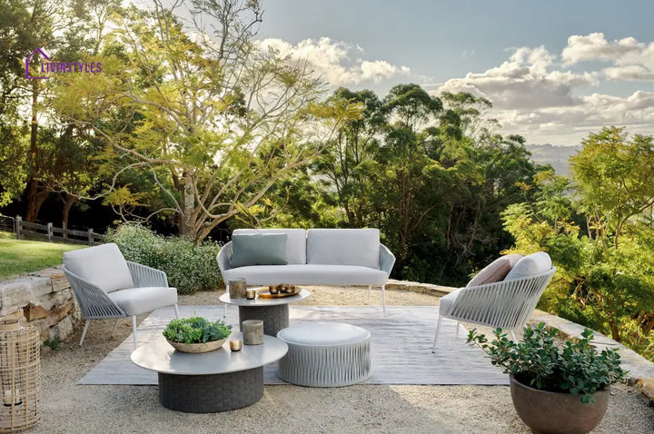 Eustacia Outdoor Sofa Set 2 Seater 2 Single Seater 1 Ottoman 1 Center Table + 1 side table Set (Grey) Braided & Rope