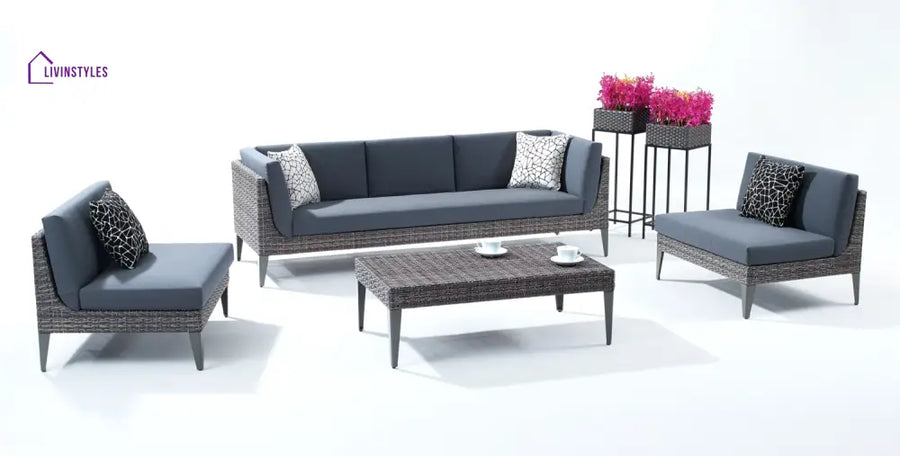 Euvan Outdoor Garden Balcony Sofa Set 3 Seater and 2 Single Seater With 1 Center Table Set (Brown + Navy Blue) - Sofa