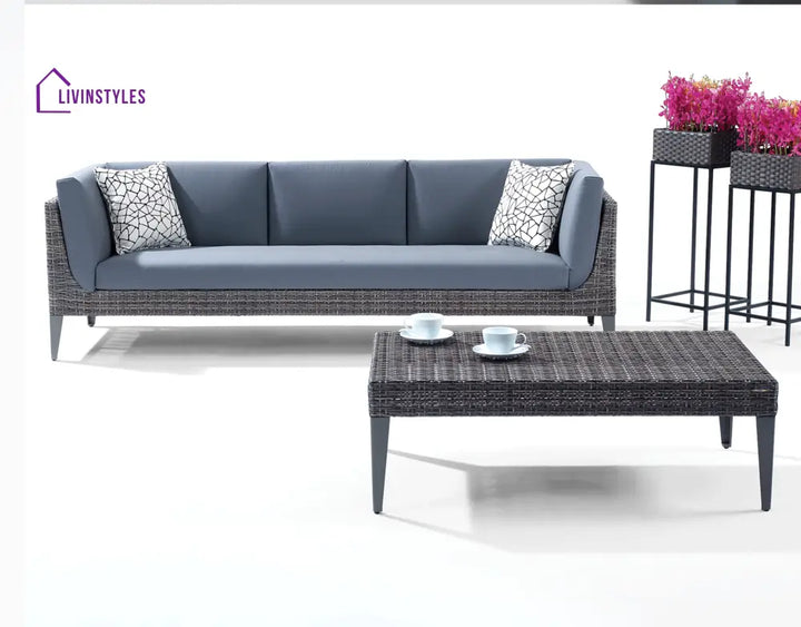 Euvan Outdoor Garden Balcony Sofa Set 3 Seater and 2 Single Seater With 1 Center Table Set (Brown + Navy Blue) - Sofa