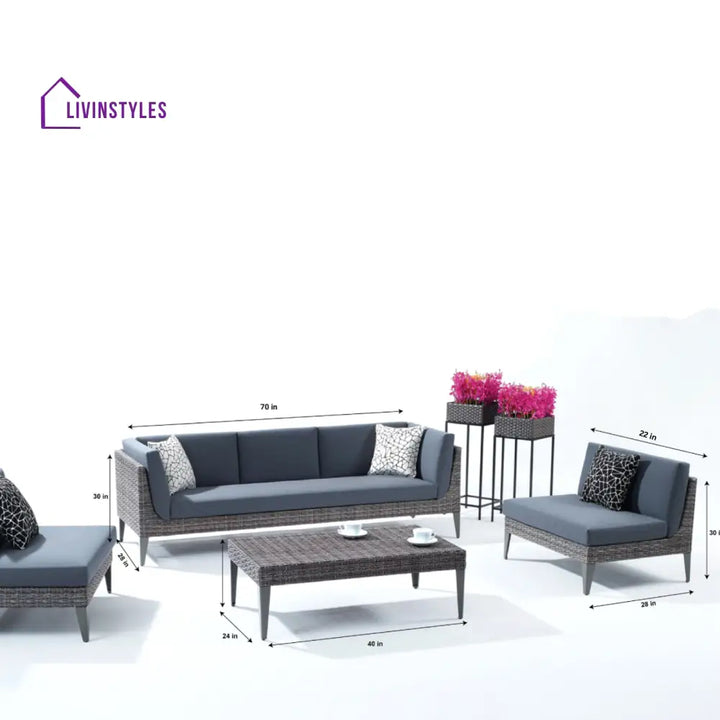 Euvan Outdoor Garden Balcony Sofa Set 3 Seater and 2 Single Seater With 1 Center Table Set (Brown + Navy Blue) - Sofa