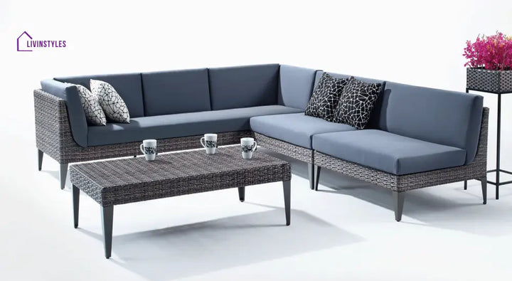 Euvan Outdoor Garden Balcony Sofa Set 3 Seater and 2 Single Seater With 1 Center Table Set (Brown + Navy Blue) - Sofa