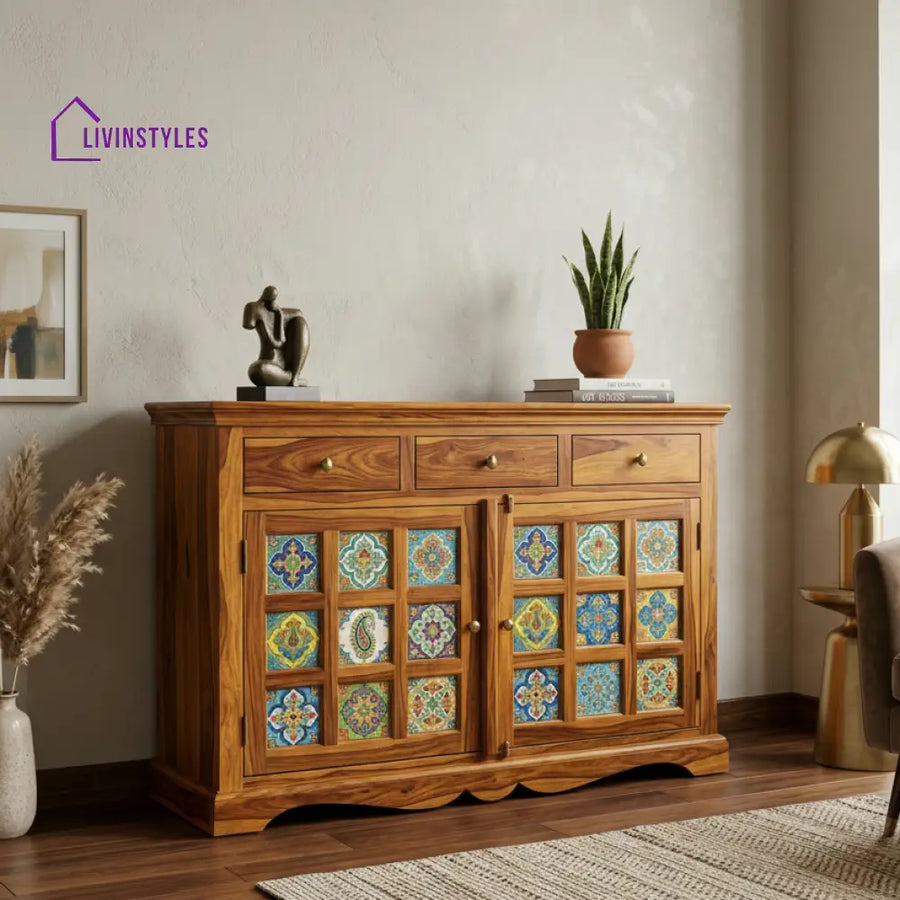 Eva Boho Sheesham Wood Storage Cabinet Sideboard With Three Drawers (Honey Finish)