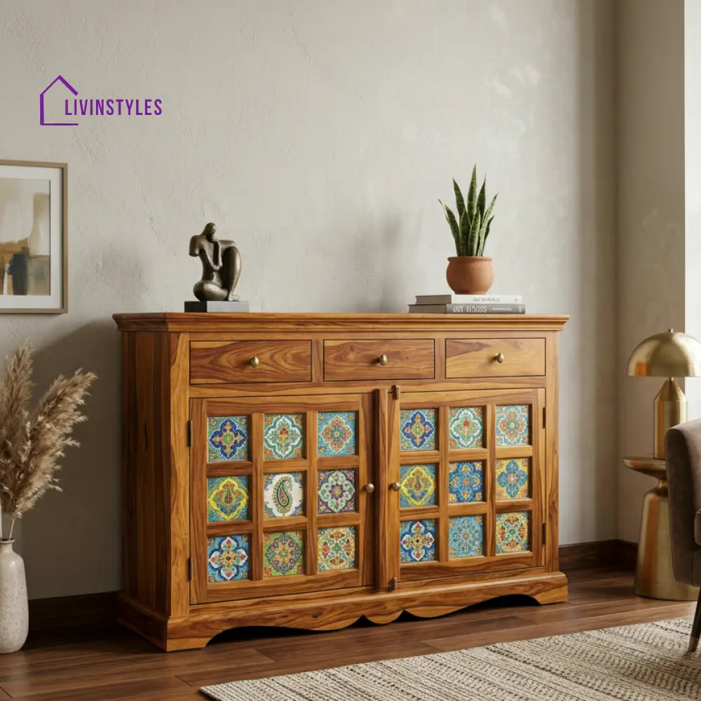 Eva Boho Sheesham Wood Storage Cabinet Sideboard With Three Drawers (Honey Finish)