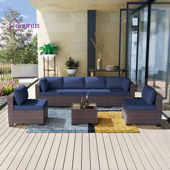 Evaline Outdoor Patio Furniture Set 6 Pieces Sectional Rattan Wicker Sofa Navy Blue