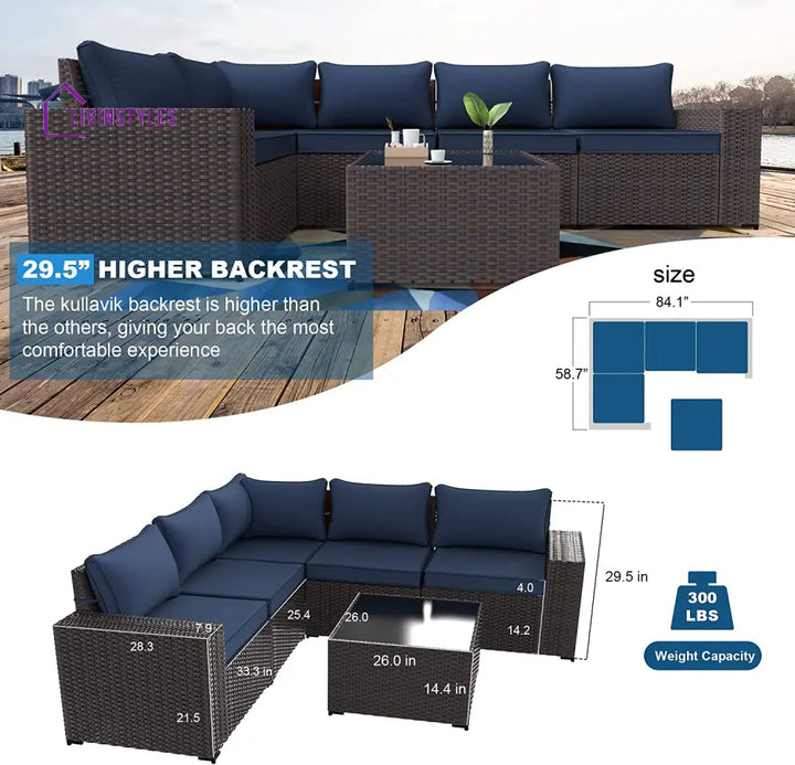 Evaline Outdoor Patio Furniture Set 6 Pieces Sectional Rattan Wicker Sofa Navy Blue