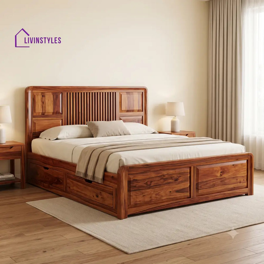 Evan Premium Wooden Bed with Drawer Storage | King Size Bed & Queen Size Bed Online