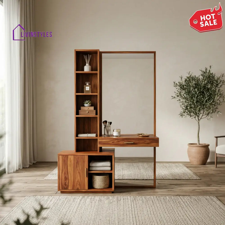 Evan Sheesham Wood Dressing Table with Mirror and Storage (Honey Finish)