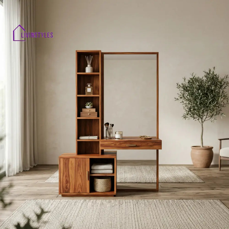 Evan Sheesham Wood Dressing Table with Mirror and Storage (Honey Finish)