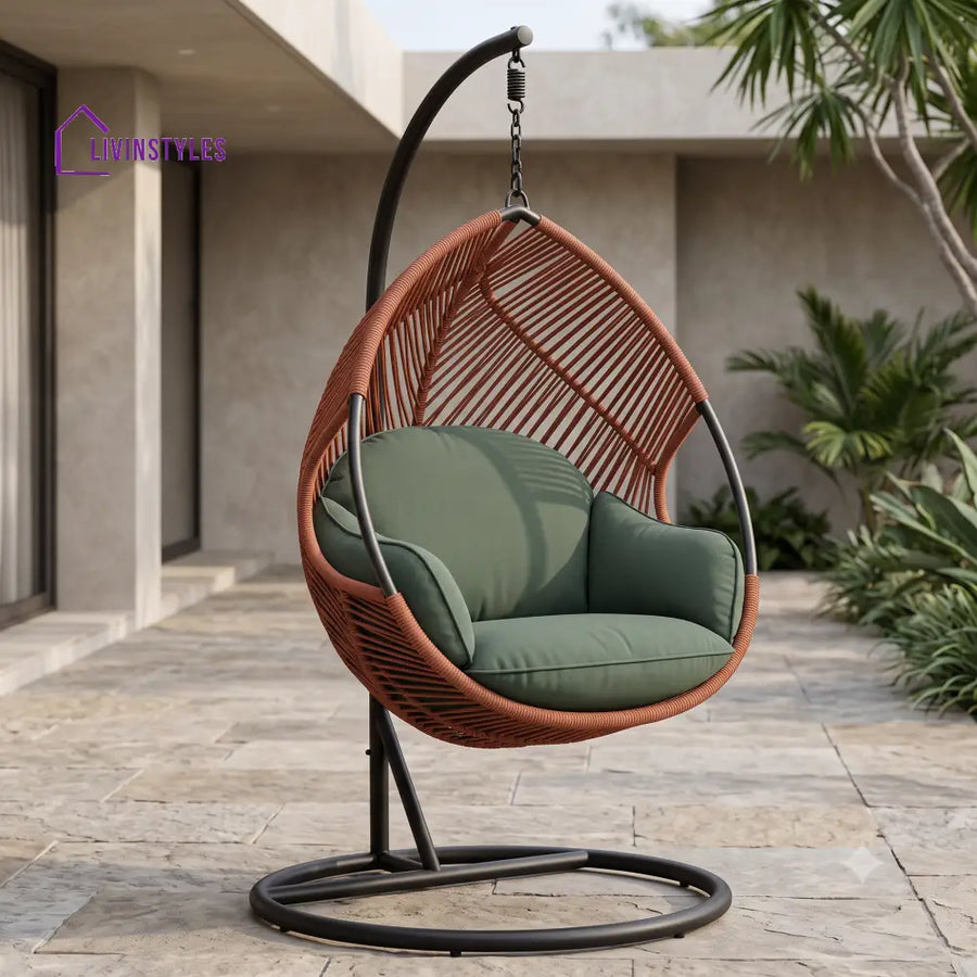 Evandre Metal Frame Swing Chair With Stand Rope Woven Single Seater