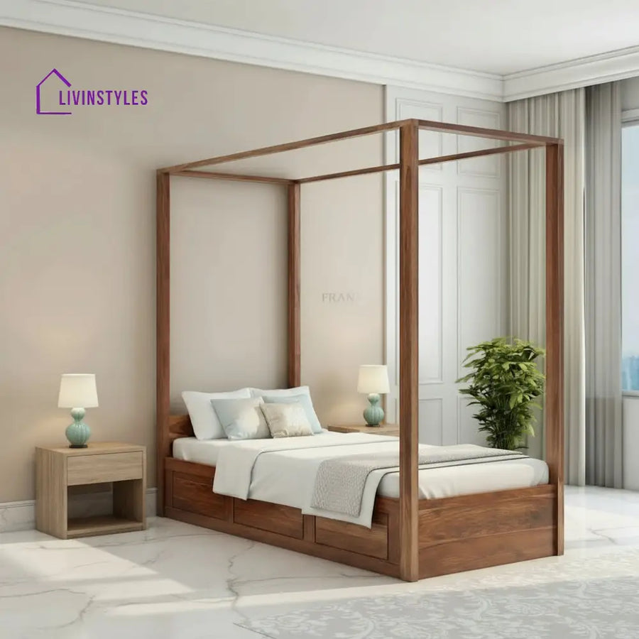 Evangelina Solid Sheesham Wood Single Bed With Box Storage (Natural Finish) Bed