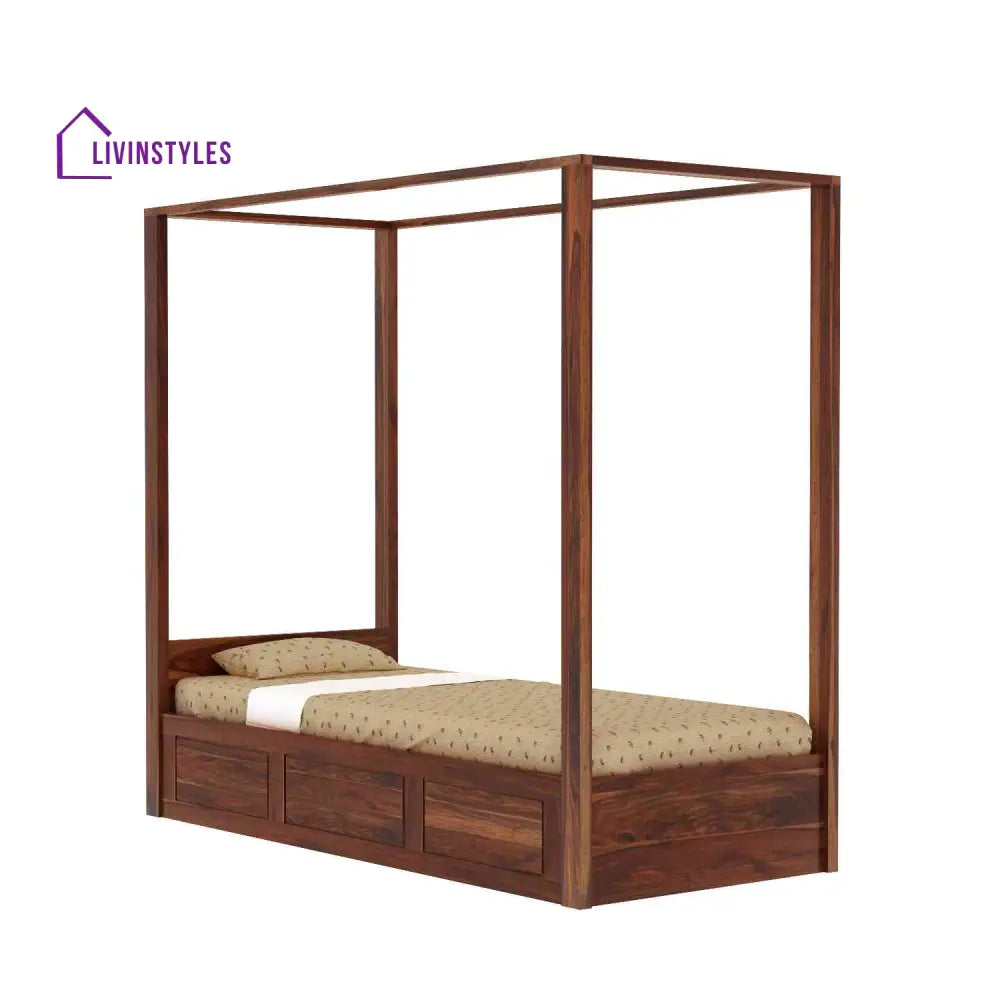 Evangelina Solid Sheesham Wood Single Bed With Box Storage (Natural Finish) Bed