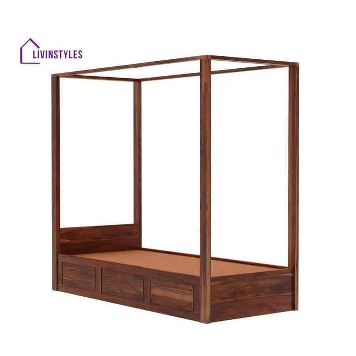Evangelina Solid Sheesham Wood Single Bed With Box Storage (Natural Finish) Bed
