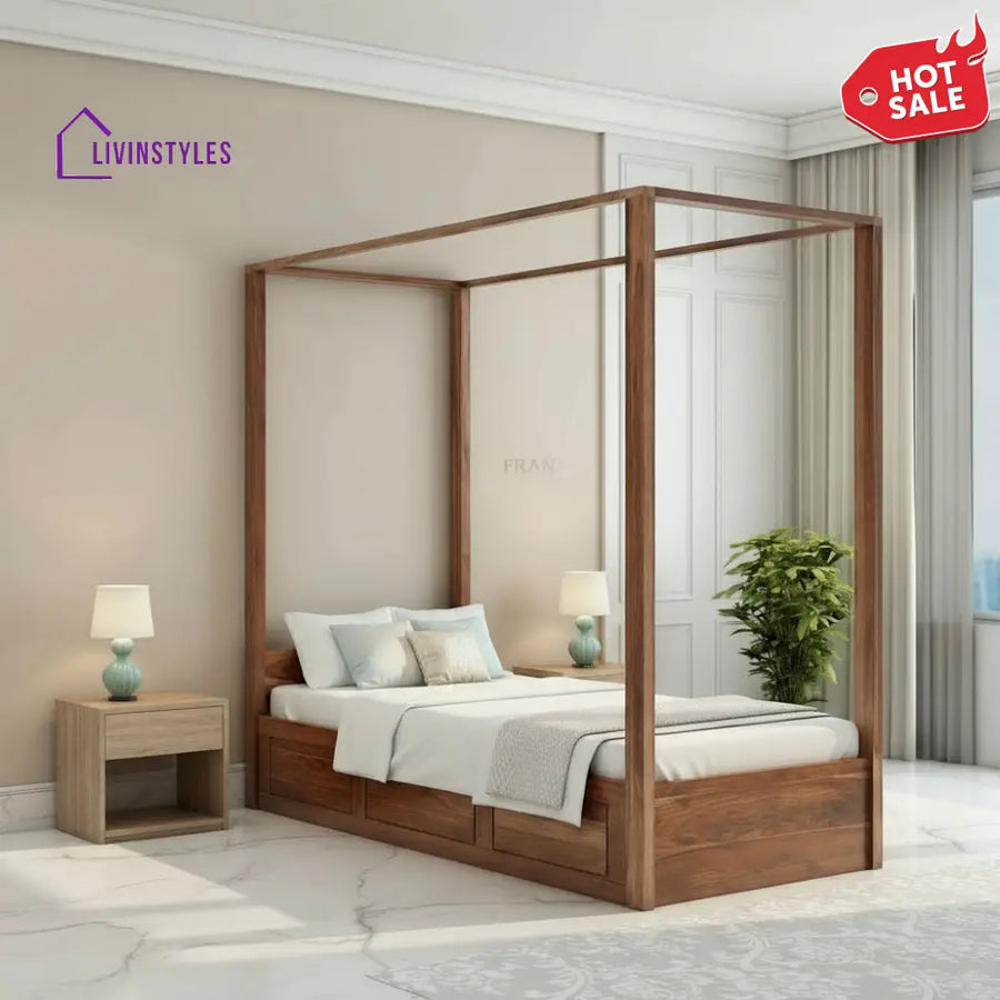 Evangelina Solid Sheesham Wood Single Bed With Box Storage (Natural Finish) Bed