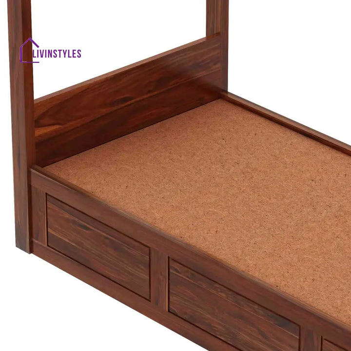Evangelina Solid Sheesham Wood Single Bed With Box Storage (Natural Finish) Bed