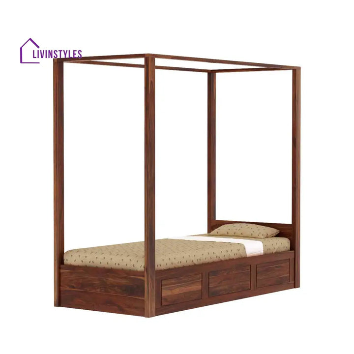Evangelina Solid Sheesham Wood Single Bed With Box Storage (Natural Finish) Bed