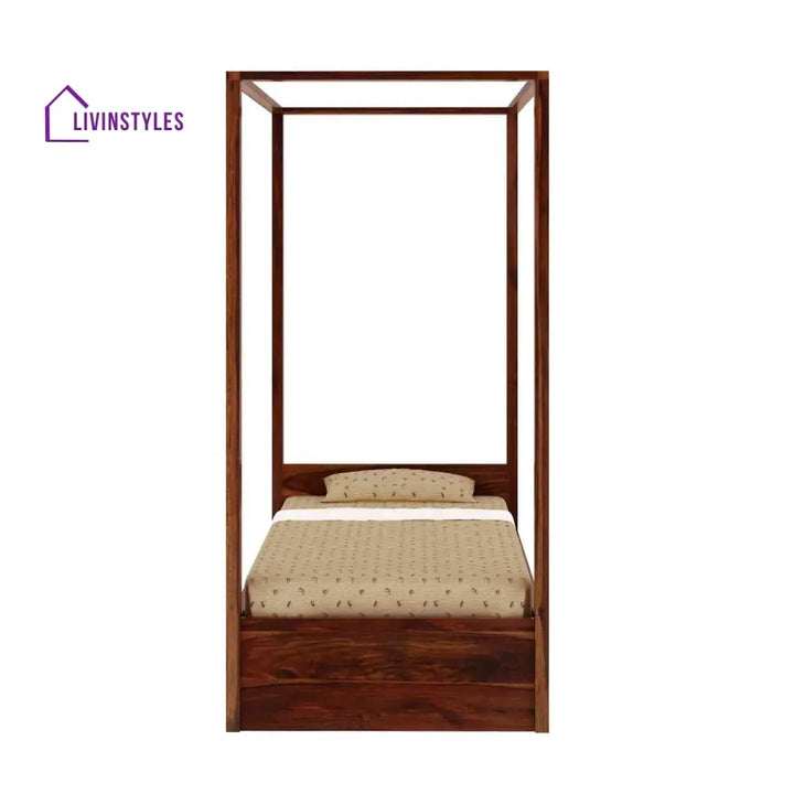 Evangelina Solid Sheesham Wood Single Bed With Box Storage (Natural Finish) Bed