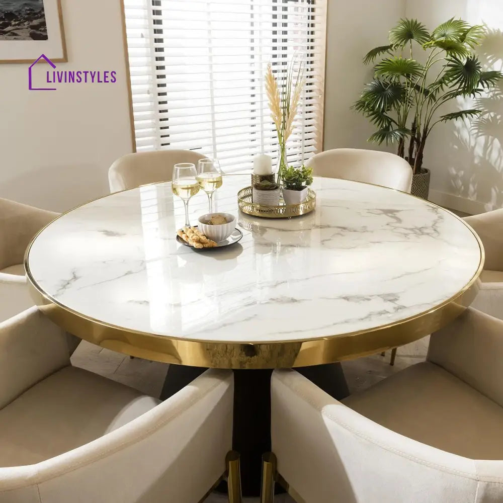 Evdokia Round Marble Dining Table & Cream Velvet Chairs - 6 Seater Dining Set Dining Room / Dining Sets