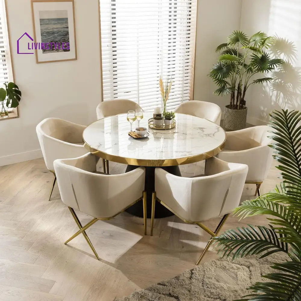 Evdokia Round Marble Dining Table & Cream Velvet Chairs - 6 Seater Dining Set Dining Room / Dining Sets