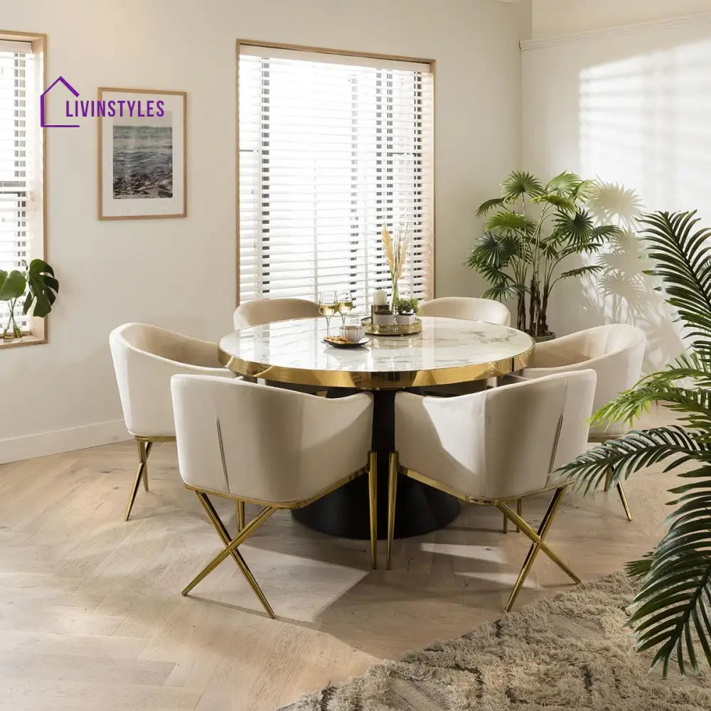 Evdokia Round Marble Dining Table & Cream Velvet Chairs - 6 Seater Dining Set Dining Room / Dining Sets