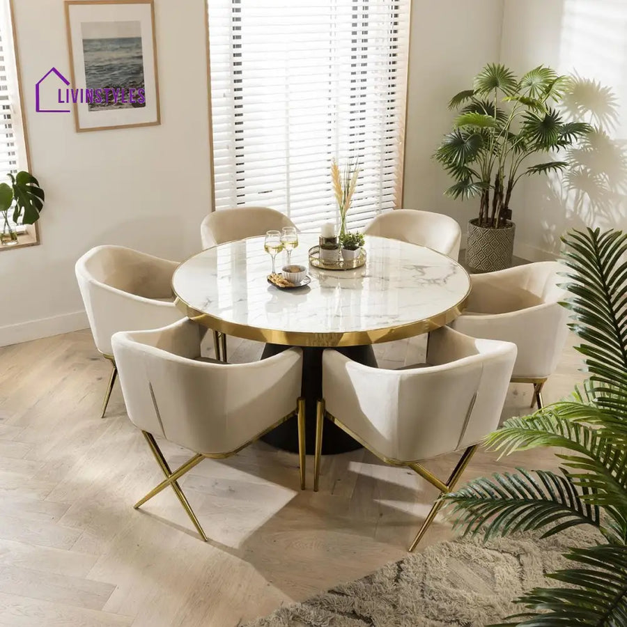 Evdokia Round Marble Dining Table & Cream Velvet Chairs - 6 Seater Dining Set Dining Room / Dining Sets